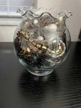 Mystery jewelry jar, primarily dark tones and silver-tone pieces